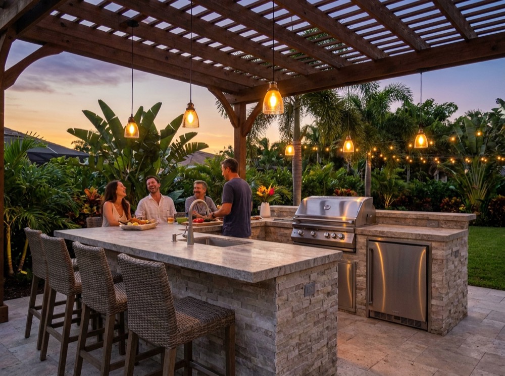 Custom outdoor kitchen with stone island and grill