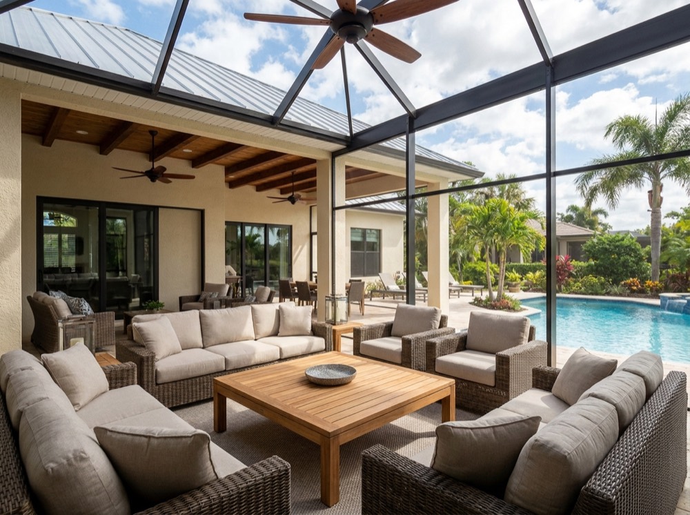 Screened lanai overlooking a pool
